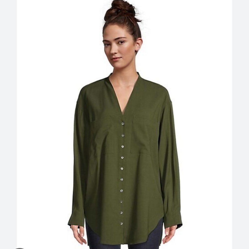 CO Collection L#T2269 Olive Green Oversized V-Neck Button-Down Long Sleeve Top